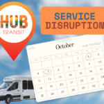 A calendar with October 2 and 5 circled, denoting the two days Hub Transit service will be disrupted due to staff vacation.