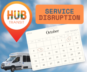 A calendar with October 2 and 5 circled, denoting the two days Hub Transit service will be disrupted due to staff vacation.