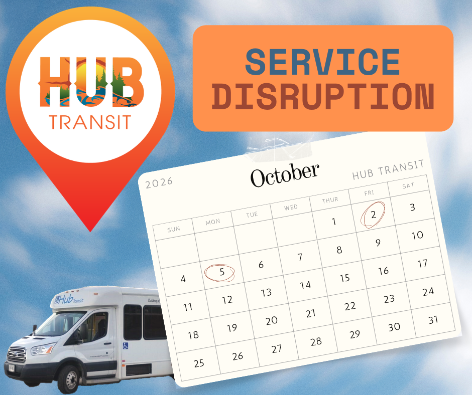 A calendar with October 2 and 5 circled, denoting the two days Hub Transit service will be disrupted due to staff vacation.